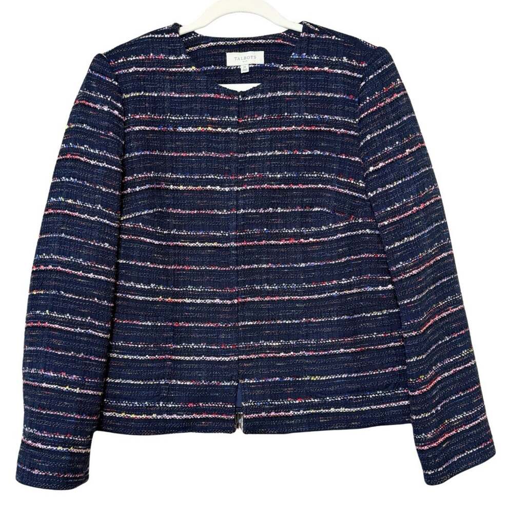 Talbots Outlet Striped Boucle Tweed Jacket Size 14 Navy Multi Hook & Eye Close